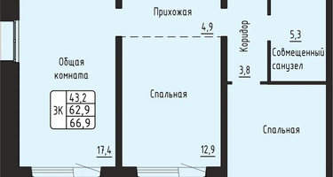 3-к. квартира, 66&nbsp;м²
