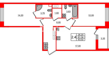 2-к. квартира, 61&nbsp;м²