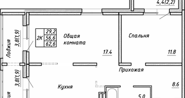 2-к. квартира, 62&nbsp;м²