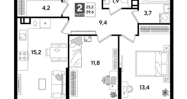 2-к. квартира, 58&nbsp;м²