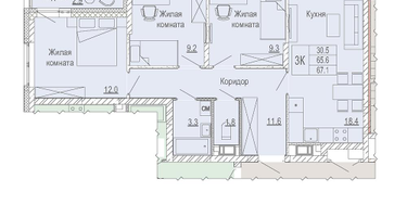 3-к. квартира, 67 м²