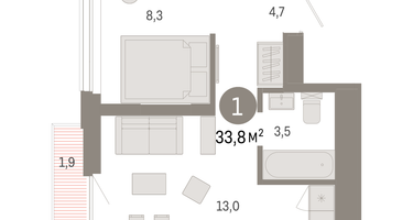 1-к. квартира, 33&nbsp;м²