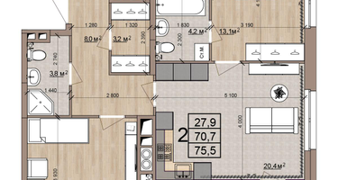 2-к. квартира, 75&nbsp;м²