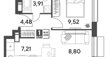 1-к. квартира, 33&nbsp;м²