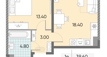 Студия, 39 м²