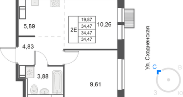 2-к. квартира, 34&nbsp;м²