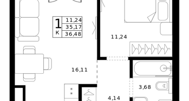 1-к. квартира, 36&nbsp;м²