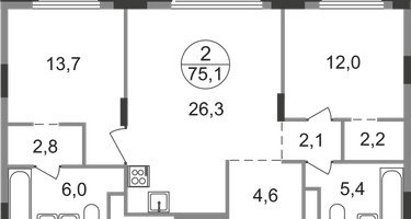 2-к. квартира, 75&nbsp;м²