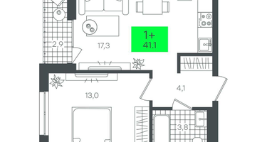 1-к. квартира, 41&nbsp;м²