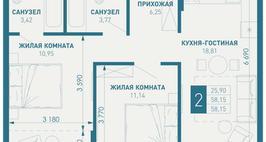 2-к. квартира, 60&nbsp;м²