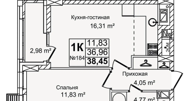 2-к. квартира, 38&nbsp;м²