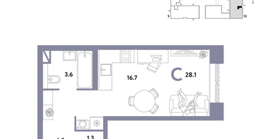 1-к. квартира, 28&nbsp;м²