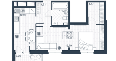 1-к. квартира, 45&nbsp;м²