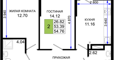 2-к. квартира, 54&nbsp;м²