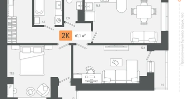 2-к. квартира, 61&nbsp;м²