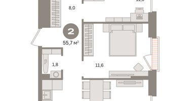 2-к. квартира, 55&nbsp;м²