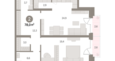 2-к. квартира, 78&nbsp;м²