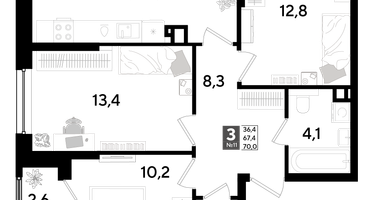 3-к. квартира, 70&nbsp;м²