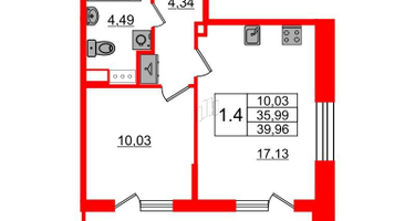 1-к. квартира, 35 м²
