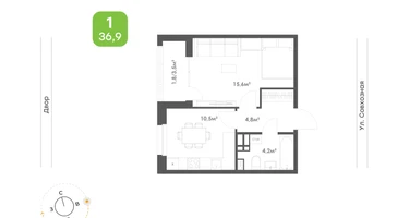 1-к. квартира, 36&nbsp;м²