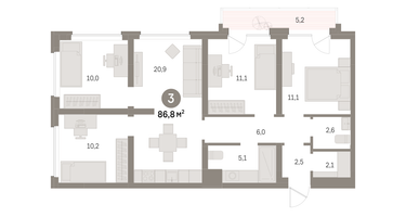 3-к. квартира, 86 м²