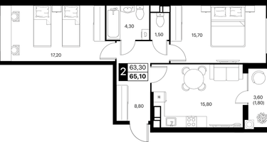 2-к. квартира, 65 м²