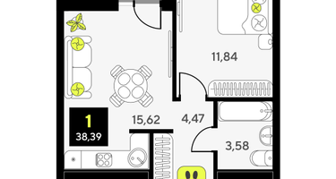 1-к. квартира, 38 м²