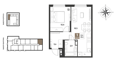 1-к. квартира, 38&nbsp;м²