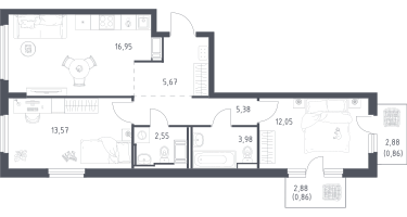 2-к. квартира, 61&nbsp;м²