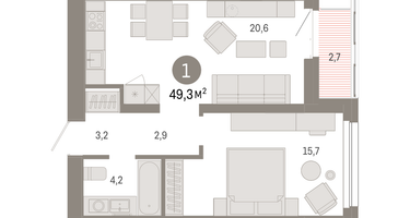 1-к. квартира, 49&nbsp;м²