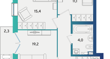 2-к. квартира, 66 м²