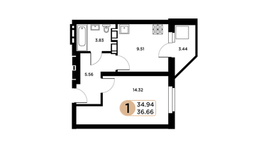 1-к. квартира, 34&nbsp;м²