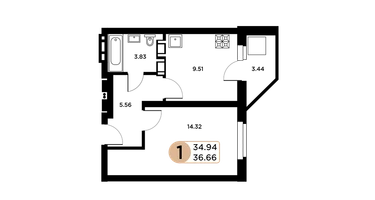 1-к. квартира, 34&nbsp;м²