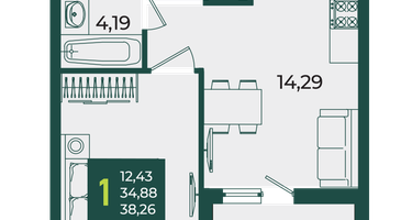 1-к. квартира, 38&nbsp;м²