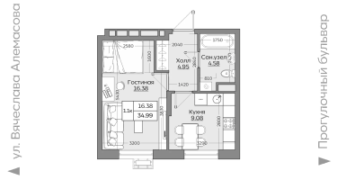 1-к. квартира, 34 м²