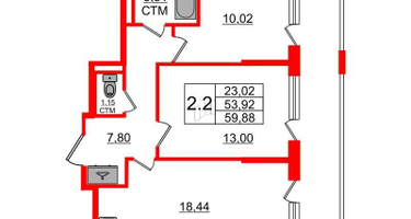 2-к. квартира, 53 м²