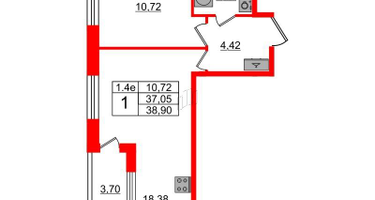 1-к. квартира, 37&nbsp;м²