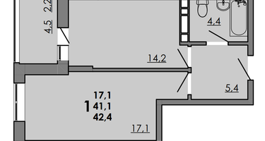 1-к. квартира, 42&nbsp;м²