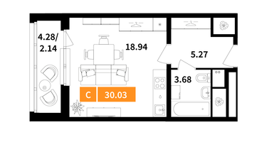 Студия, 30 м²