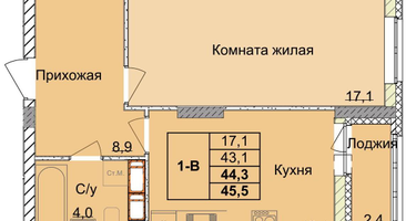 1-к. квартира, 43 м²