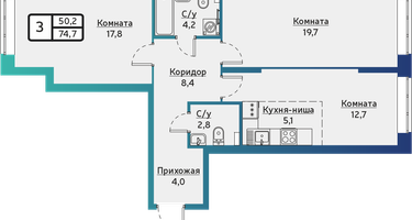 3-к. квартира, 74 м²