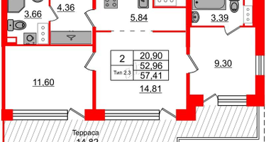 2-к. квартира, 52&nbsp;м²