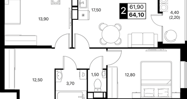 2-к. квартира, 64 м²