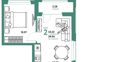 2-к. квартира, 43 м²