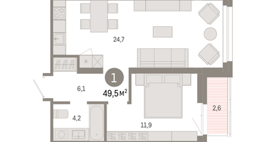 1-к. квартира, 49&nbsp;м²