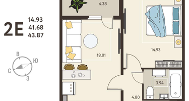 1-к. квартира, 43 м²