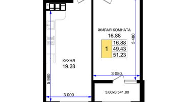 1-к. квартира, 51&nbsp;м²