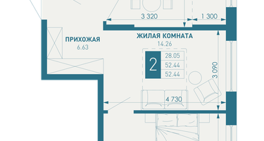 2-к. квартира, 53&nbsp;м²