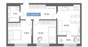 2-к. квартира, 57 м²