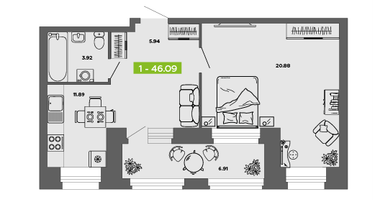 1-к. квартира, 46&nbsp;м²